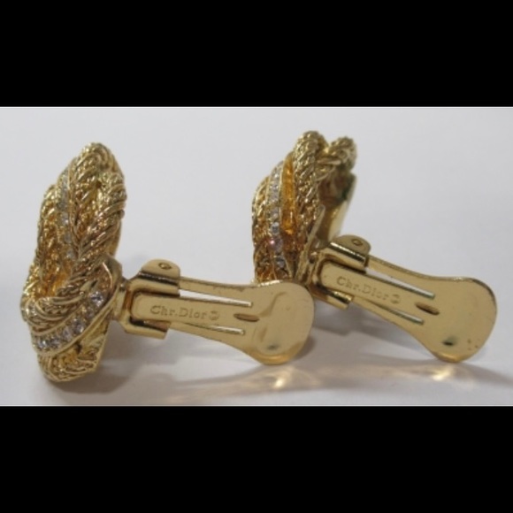 CHRISTIAN DIOR Signed Vintage Gold Tone Crystal Knot Clip-On Earrings - Picture 7 of 14